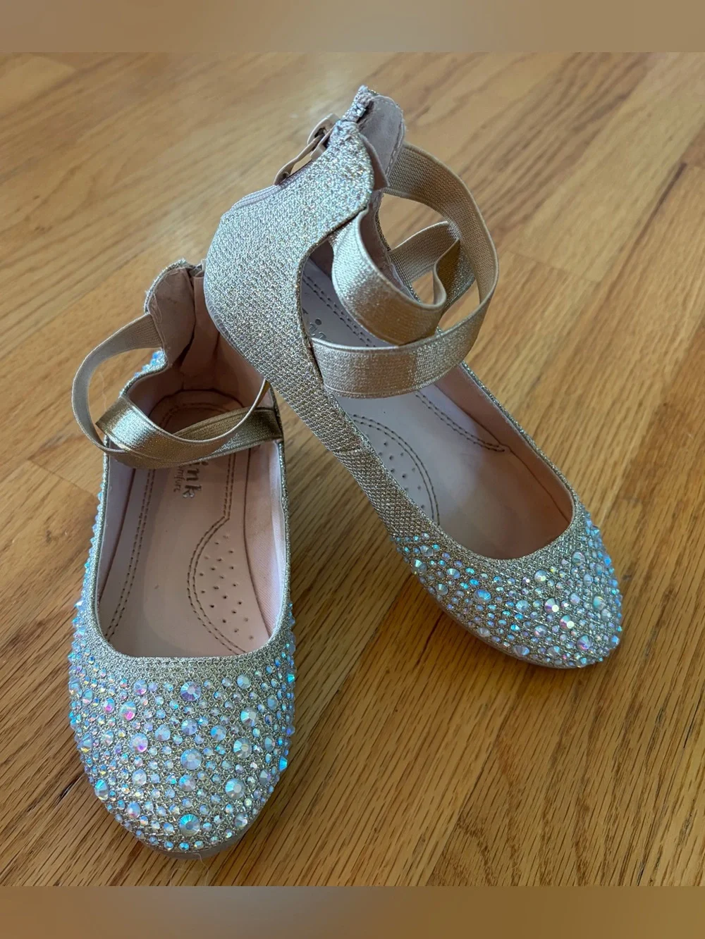 Sparkling Iridescent Rhinestone Ballet Flats with Ankle Strap